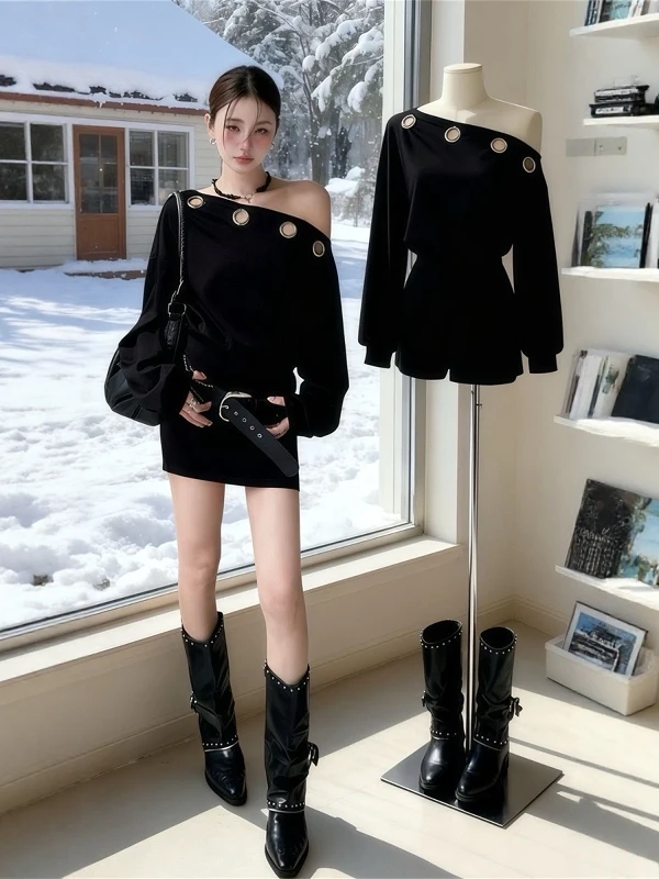 

Sexy American Girl Long Sve Bodycon Dr Bla Winter Design Slimming ort Skirt Women's Faion Casual Soft Elastic Fabric