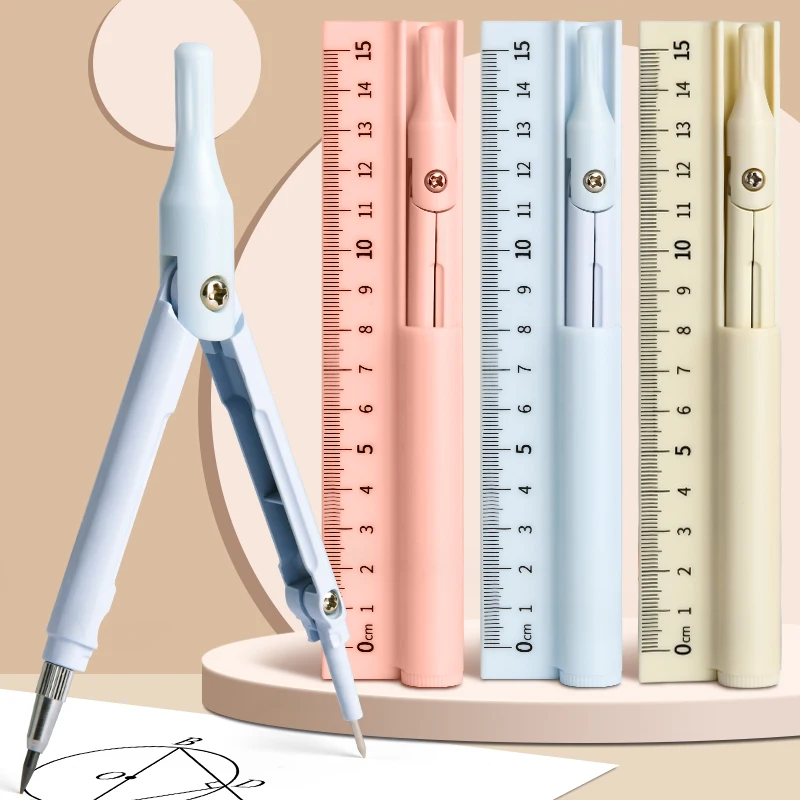 3 in 1 Compass Geometry Set with Ruler Pencil Kawaii Multifunctional Drawing Office School Supplies Compass Math Geometry Tool