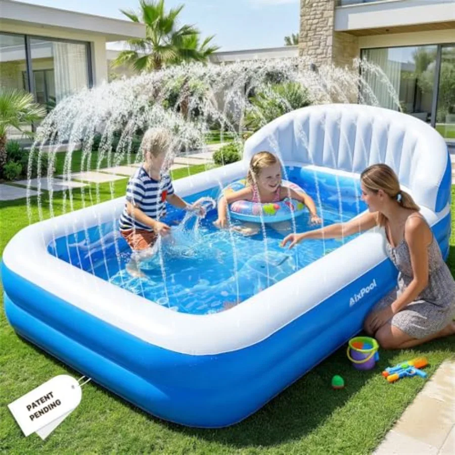 

2026 Inflatable Rectangle Pool with Sprinkler and Big Backrest Durable Outdoor Water Pool for Small Inflatable Kiddie Pool Blue