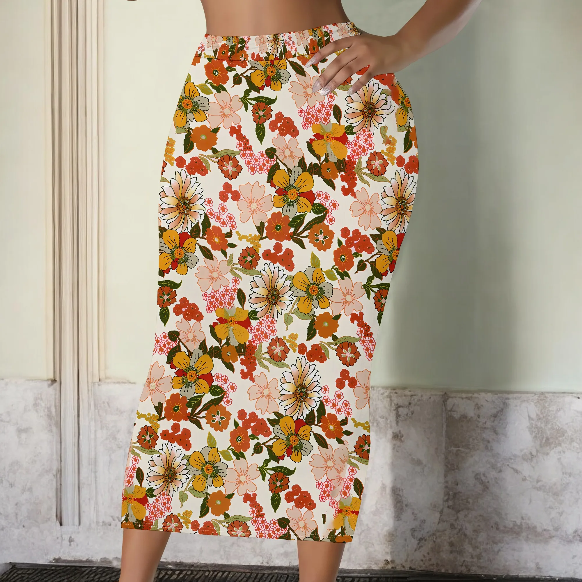 Lebhaft bedruckter Blumenrock, Bleistiftrock mit bunten Blüten, Midirock mit abstraktem Kunstmotiv, Sommermode Damenrock, S-2XL – Detail 9