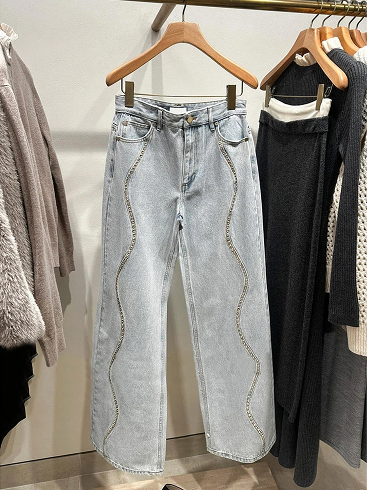 High Waist Long Heavy Duty Diamond Embedded Casual Jeans for Women Elegant Versatile Wide Leg Pants High Quality Chinese Manu...