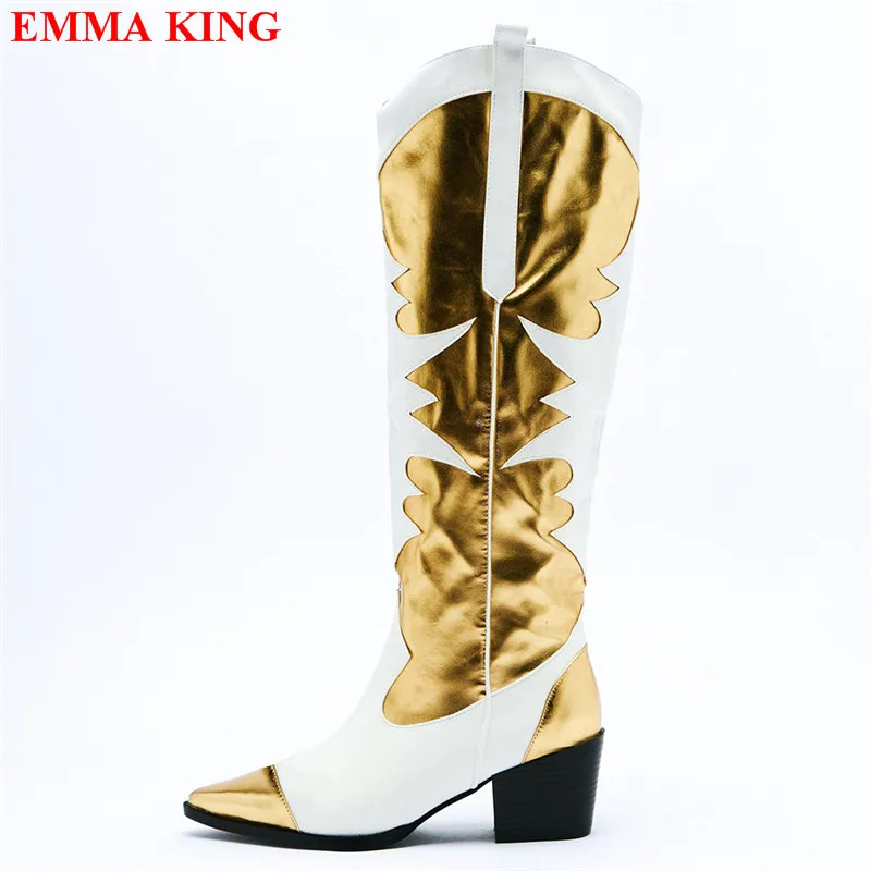 مختلط اللون حذاء بكعب سميك أحذية كاوبوي للنساء موضة أشار تو الانزلاق على حذاء برقبة للركبة الشتاء الخريف أحذية رعاة البقر الغربية