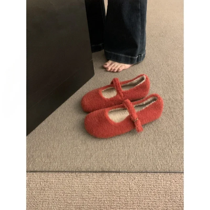 Fashion Round Toe Wool Ballet Flats Woman Concise Warm Plush Loafers Ladies Brand Design Fluffy Mary Jane Shoes In Red Grey