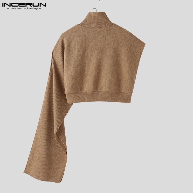 INCERUN Tops 2023 Korean Style Men\'s Cape Knitted High Necked Pullovers Stylish Irregular Cape Knitted Turtleneck Sweater S-5XL