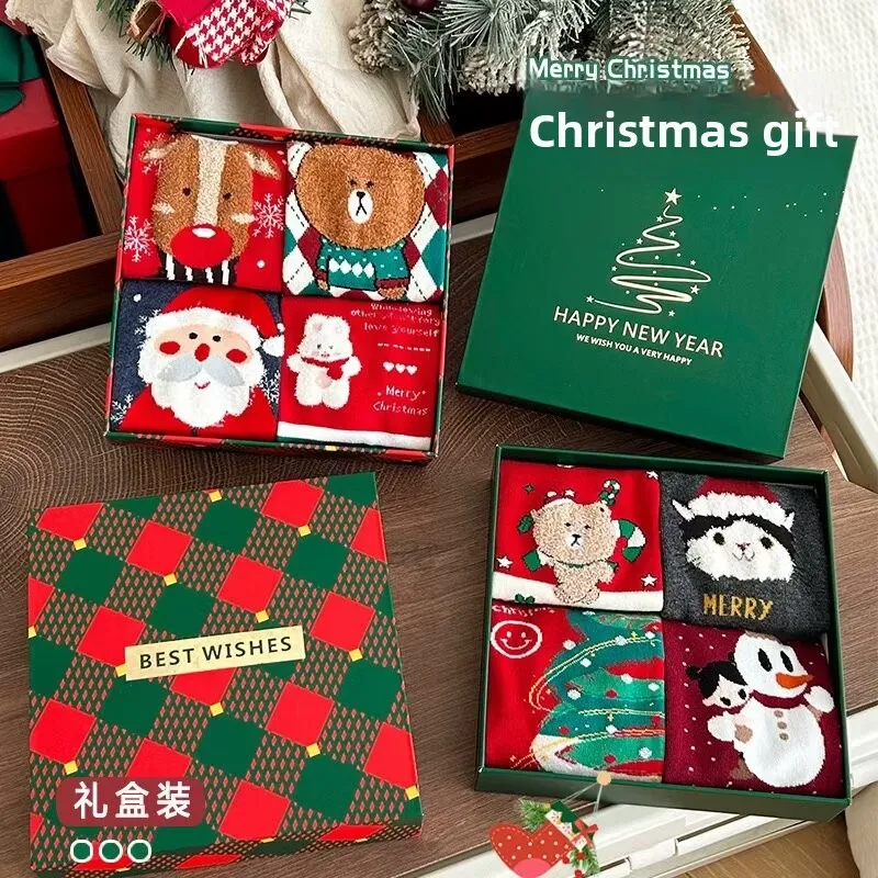 

4 Pcs Pure Cotton Cute Cartoon Socks New Year Christmas Gift Box Set for Boys and Girls Christmas Present Christmas Socks New