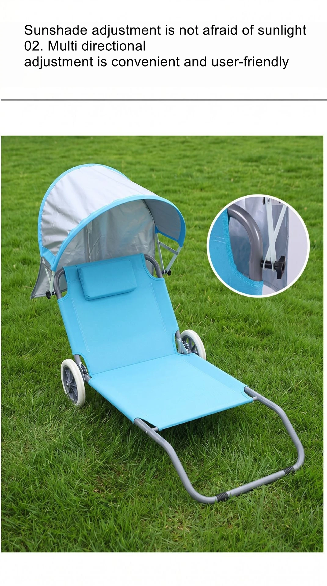 Picnic camping armchair with sunshade, leisure lounge chair, outdoor folding nap with wheels, beach chair