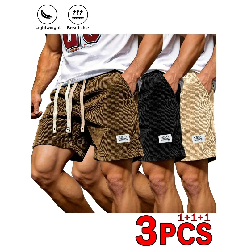 

3 Pcs Corduroy Shorts Men Urban Retro Lace Up Knee Length Bermuda Summer Short Pants Casual Gym High Waist Short Homme Tracksuit