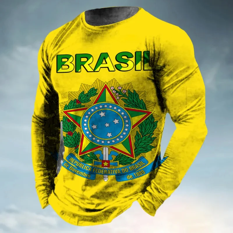 Long Sleeve Tshirts 3D Print Retro Brazilian Flag Emblem  Loose Men Women Unisex Round Neck Harajuku Oversized TShirt Clothes