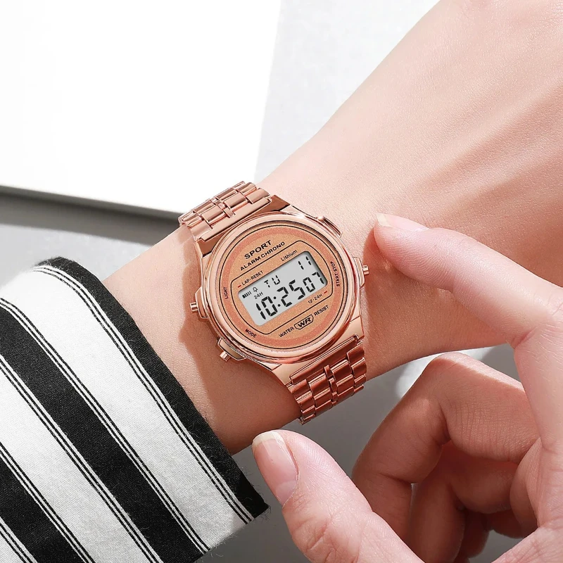 Women Casual LED Electronic Watch Retro Stainless Steel Strap Ladies LED Digital Watch Multifunction Sports Wristwatch Clock