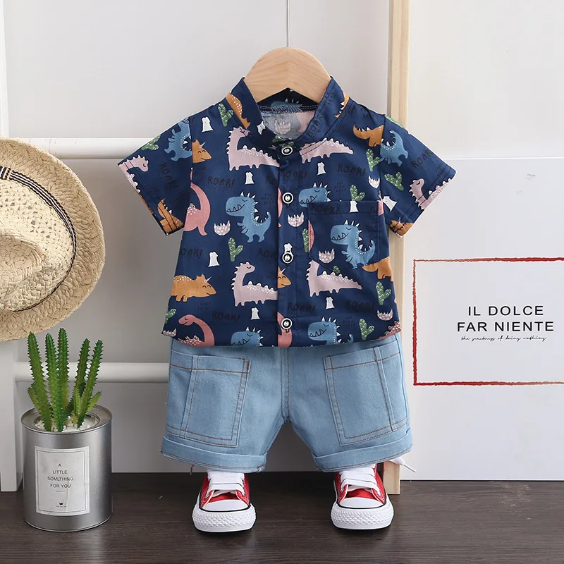 New Children's Casual Set Toddler Cartoon Dinosaur Pattern Shirt Denim Shorts Set Boys Thin Short Set Young Kids Set Handsome