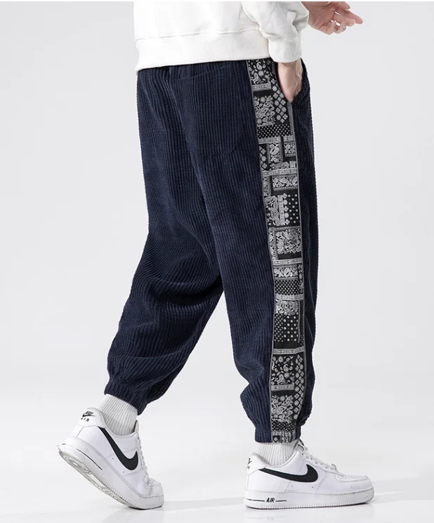 メンズプラスサイズコーデュロイハーレムパンツ カシューフラワーパッチワーク和風カジュアルゴムウエストスポーツパンツ