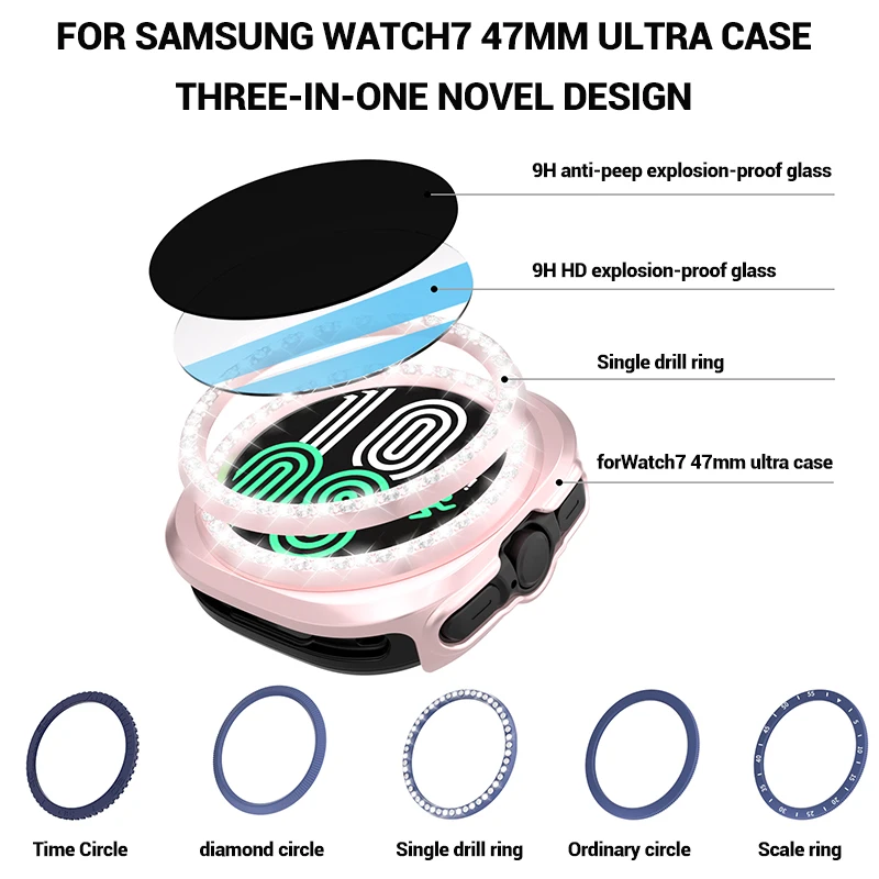 Coque de protection avec lunette en diamant et film trempé, convient pour Samsung Watch 7, 47mm, 2 pièces