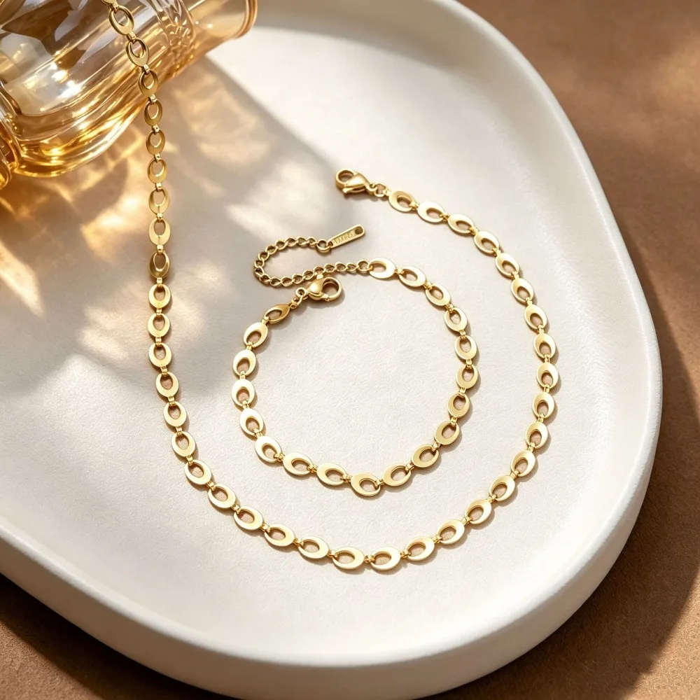 Minimalist Gold Color Stainless Steel Oval Open Link Chain Choker Necklace Bracelet for Women Adjustable Jewelry Sets Colorfast