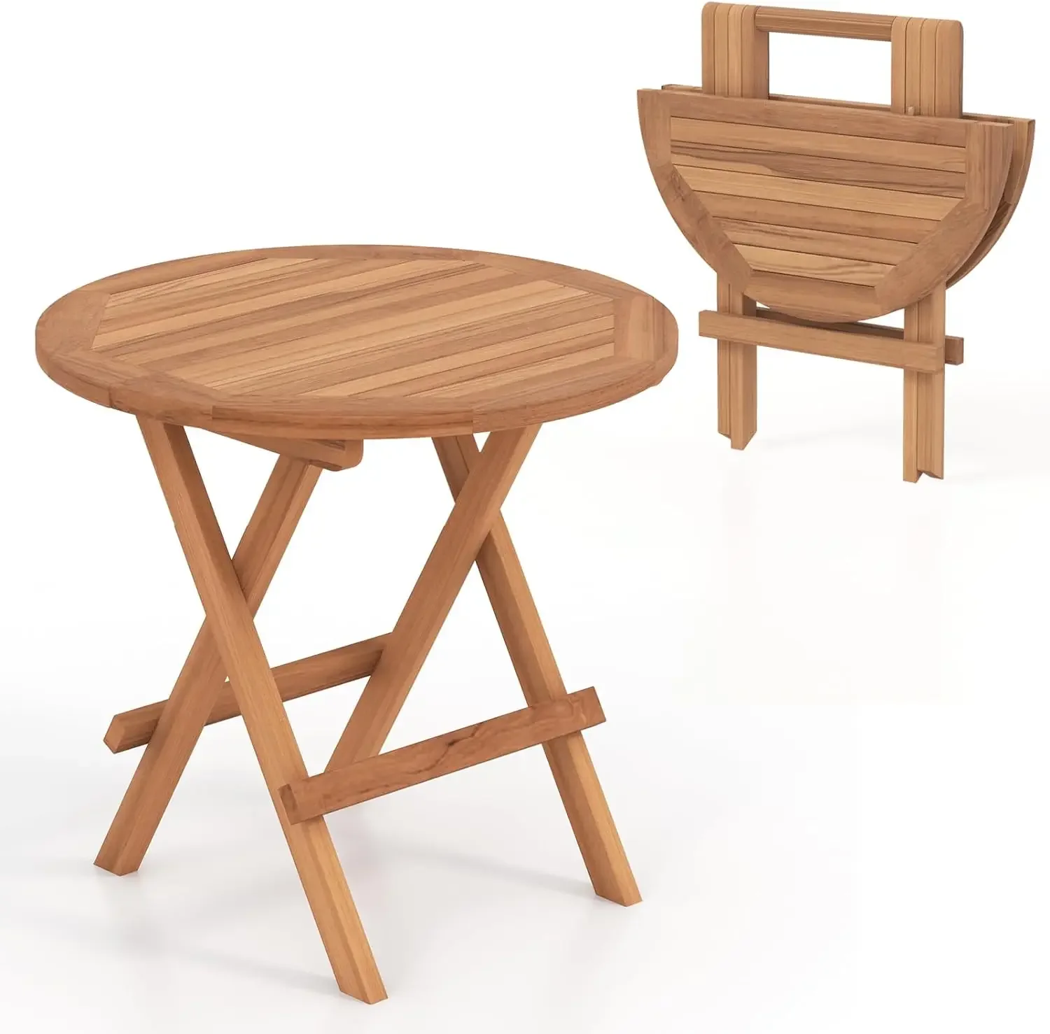 Patio Folding Side Table, Teak Wood Round End Table with Slatted Tabletop, Sturdy X-Shaped Wood Frame, Portable & Lightweight