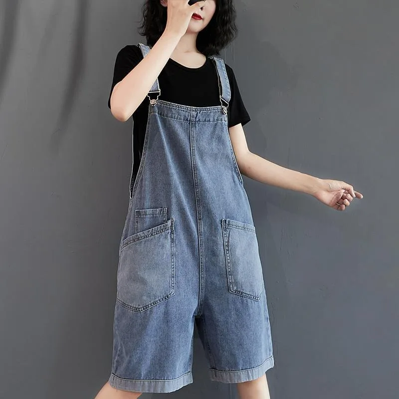 Strappy Pants Large Size Women Large Pockets Loose Cowboy Shorts Summer Autumn Skinny Five-minute Pants Suspend Wide-leg Pants