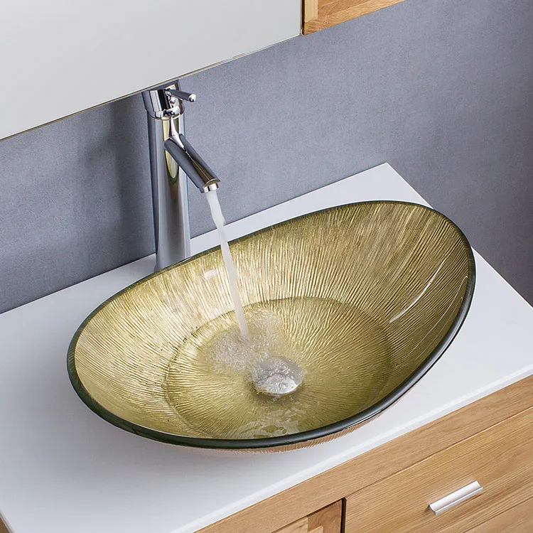 

Bathroom Accessories Tempered Glass Art Basin Ingot Countertop Washbasin Hotel Morden Striped pattern Gold Sink with Faucet