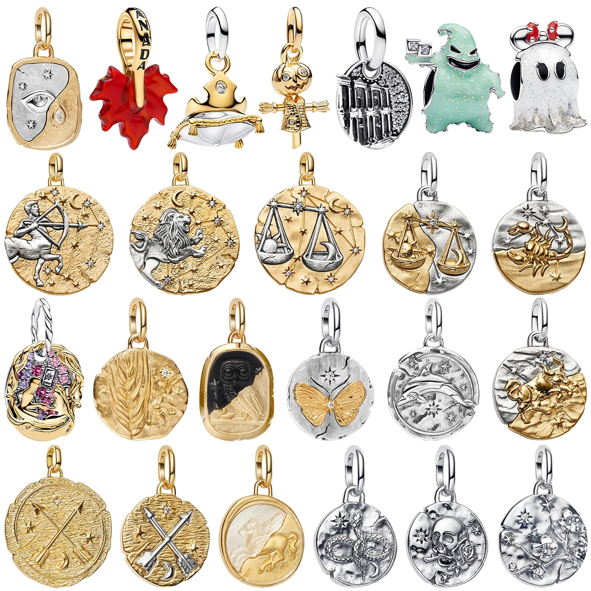 925 Sterling Silver Vintage Charms Lucky Zodiac Medallion Coin Ghost Maple Leaf Skull Relief Bead Pendant Fit Bracelet Jewelry