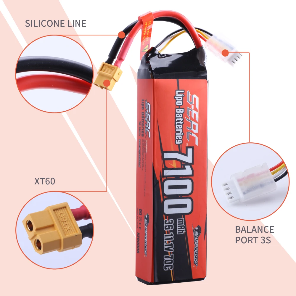 SUNPADOW 3S Lipo Battery 11.1V XT60 Plug 7100mAh 70C Soft Pack for RC Car Plane DJI Truck Tank Buggy Boat Racing Models