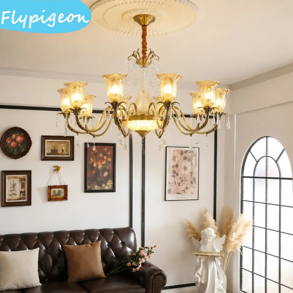 High - End European French Luxury Crystal - Adorned Brass Pendent Light, Ideal For Villa'S Living, Dining & Bedroom Decor