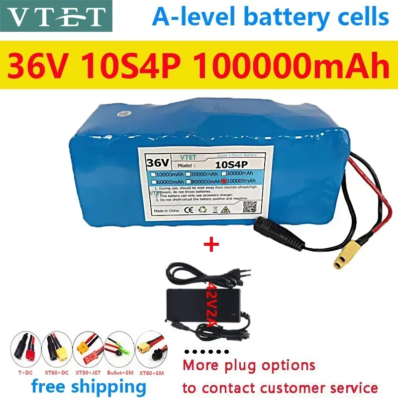 

2024 VTET New 36V 10S4P 20Ah High Capacity Battery Pack 1000W High Power Battery 100000mAh Ebike Bike BMS+42V 2A Charger