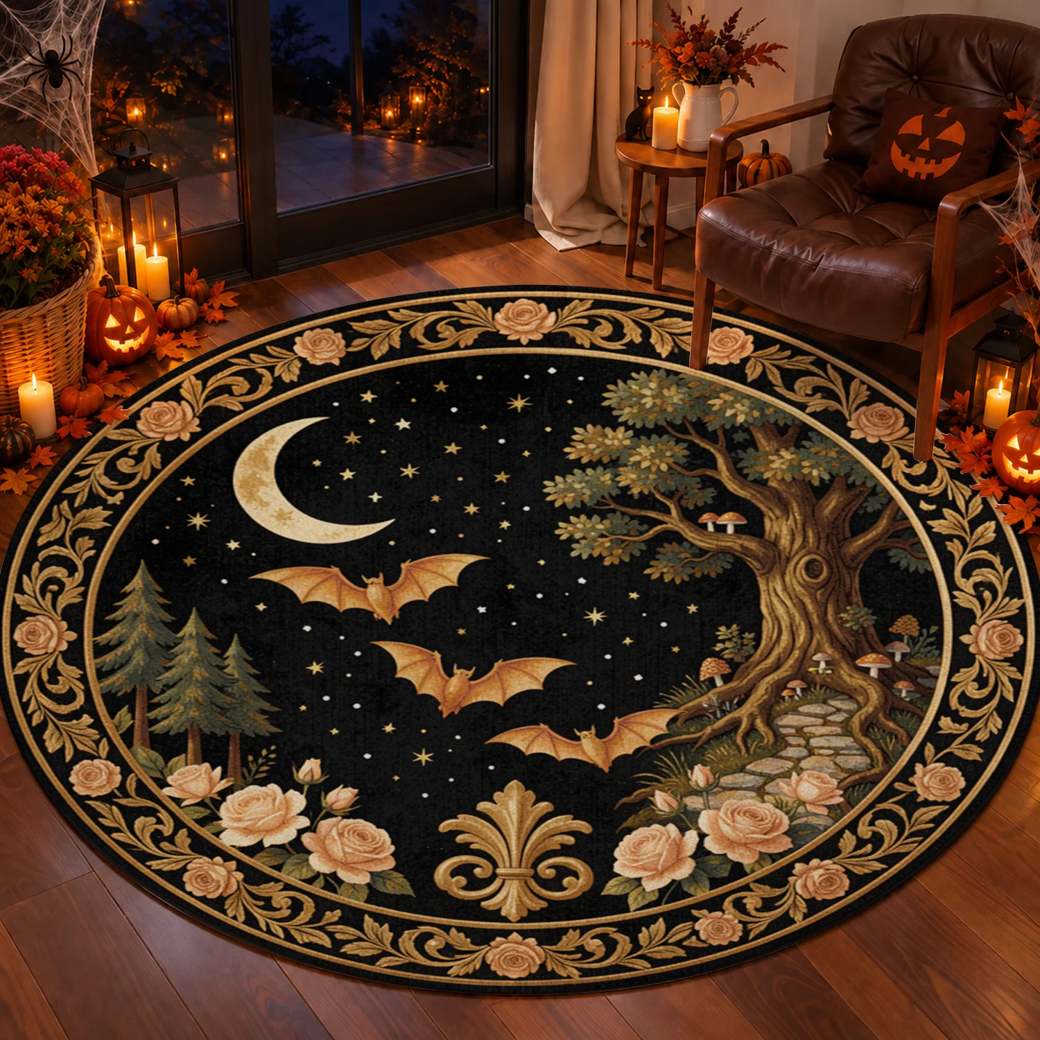 Golden Moon Bats Forest Rose Night Pattern Round Velvet Area Rug, Machine Washable, Firm Placement, Ideal for Living Room, Bedroom, Entryway, Dining Room, Perfect for Halloween, Thanksgiving, Christmas, New Year and Black Friday Home Decor