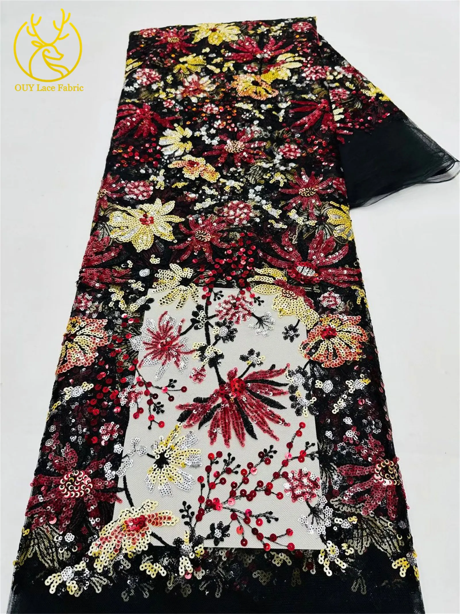 5 Yards des neuesten afrikanischen Pailletten bestickten Spitzenstoffs, hochwertiger französischer nigerianischer Mesh-Tüll-Spitzenstoff, Partykleid – Detail 7