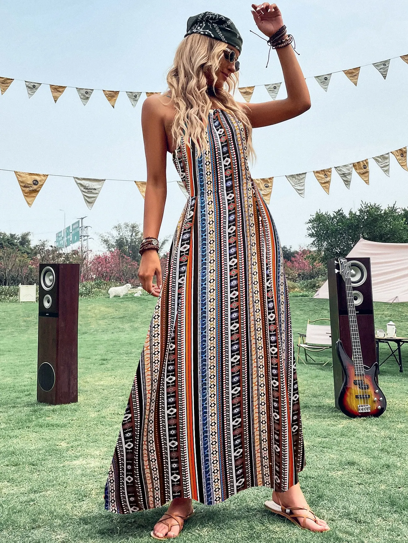 Women's Boho Halter Maxi Dress, Backless Tie‑Back Geometric Print Split Long Dress For Vacation Party
