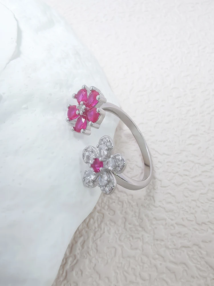 

Женское кольцо из стерлингового серебра 925 пробы с двойным цветком, роскошные циркониевые отверстия, регулируемые модные ювелирные изделия, женская повседневная одежда, праздничный подарок