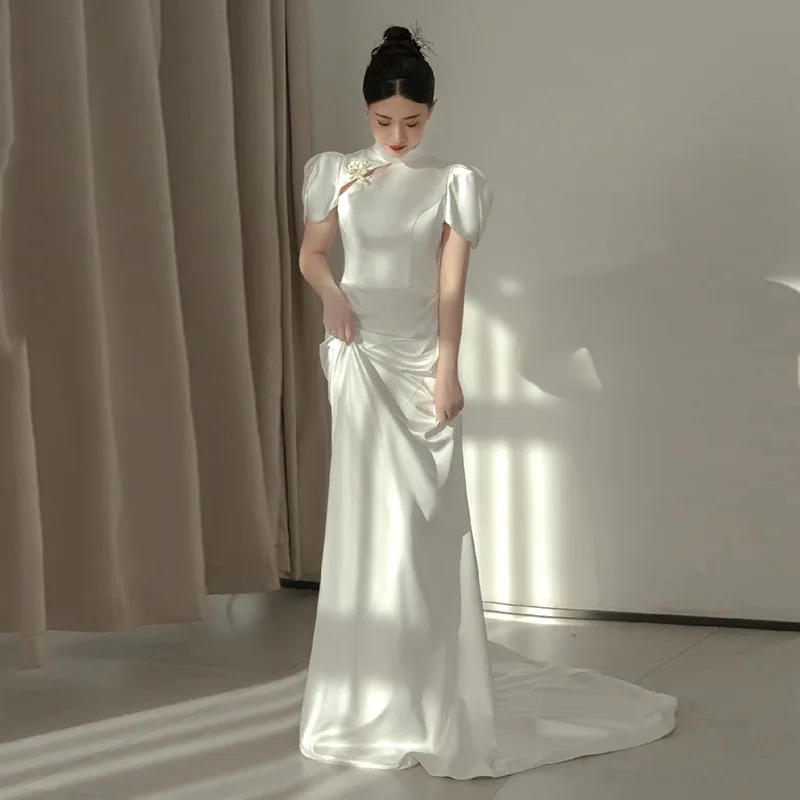 Sweet French Formal Party Dress Women Qipao Cheongsam Elegant White Tailing Robe De Soiree Sexy Backless Dress Plus Size