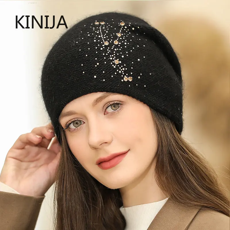 

Autumn Winter Skullies Beanies Female Elegant Rabbit Fur Blend Knitted Hat for Women Soft Warm Thick Ear Hats Ladies Gift