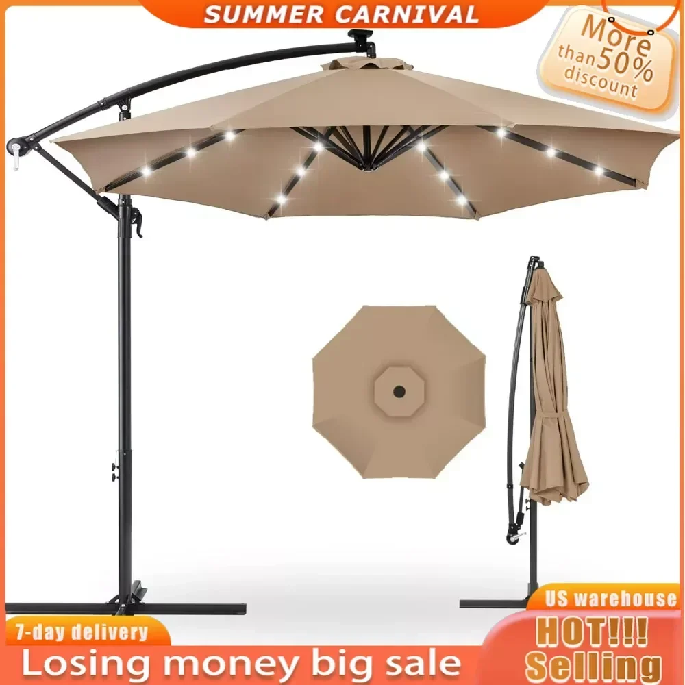 

10ft Solar LED Offset Hanging Market Patio Umbrella for Backyard, Poolside, Lawn and Garden w/Easy Tilt Adjustment