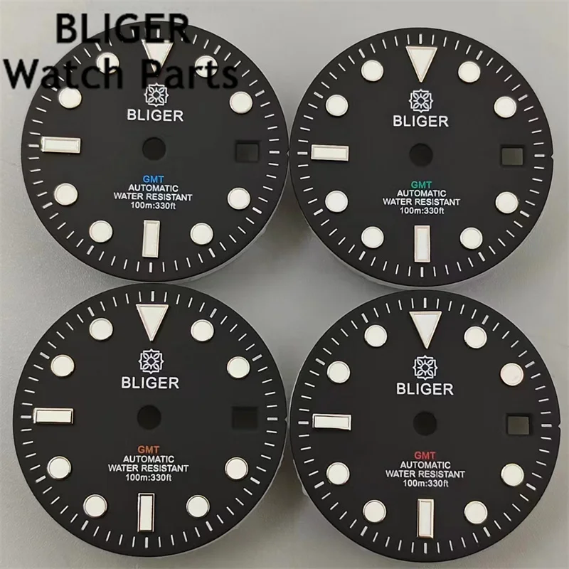 Bligger-照明Gmt markウォッチダイヤル、黒、白、赤、オレンジ、緑、青、nh34、nh35、mingzhu3804ムーブメント、29mmに適合