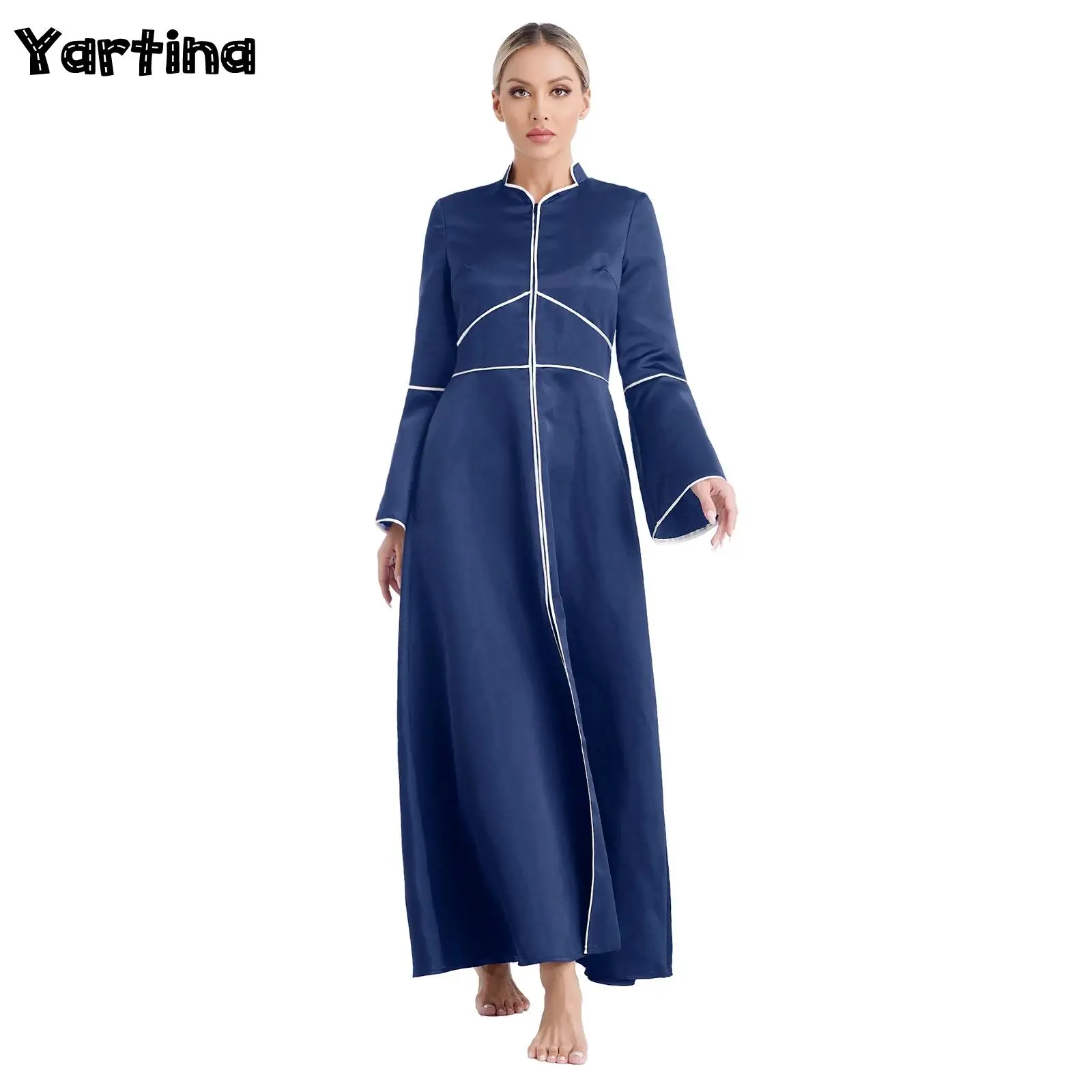 

Womens Elegant Church Clergy Minister Robe Flared Sleeves Pastor Pulpit Zipper A-Line Maxi Dress Gown Priest Role Play Costume