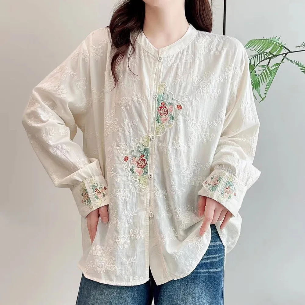 New Autumn Retro Cotton Shirt, Women Embroidery Long Sleeve O Neck, Mori Girl Loose Versatile Casual Blouse, Winter T40713CC