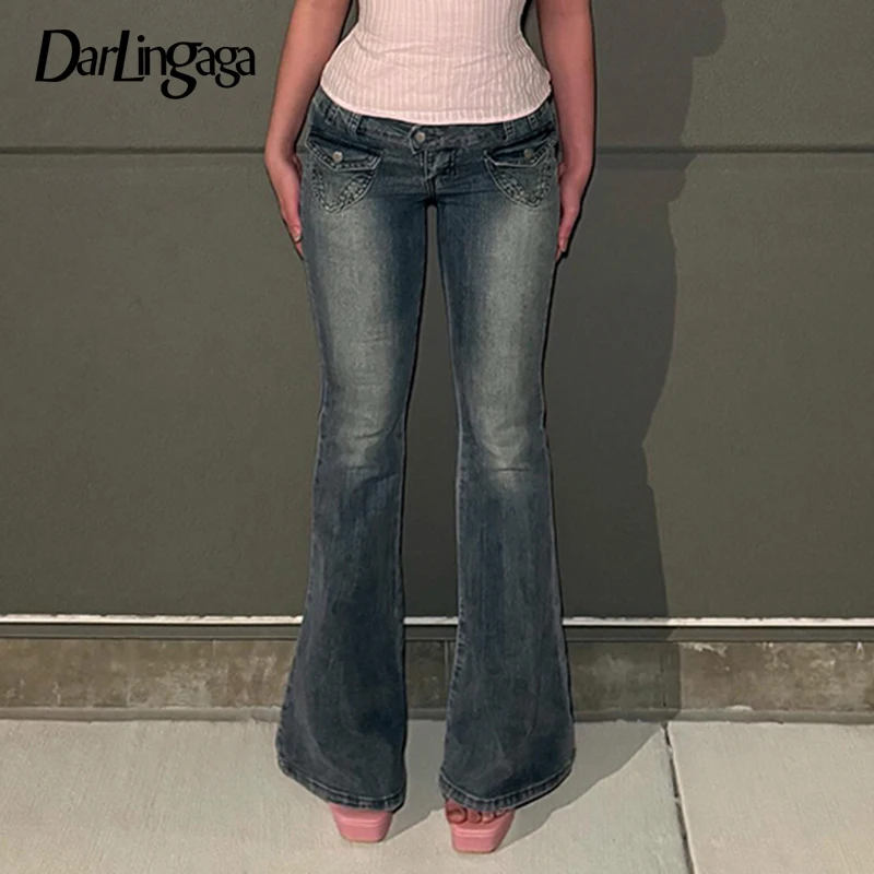 

Darlingag Vintage Basic Pocket Skinny Pockets Jeans Women Low Waist All Match Flared Denim Trousers Fashion Streetwear Bottoms