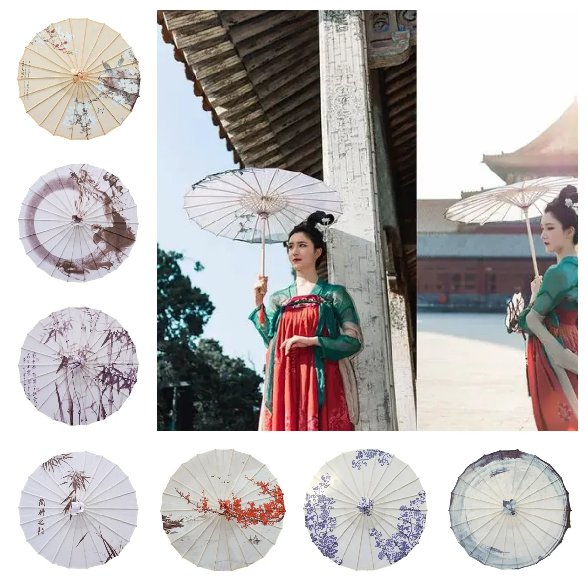 Ancient Lotus Flower Umbrella for Women Hanfu Antique Oil Paper Umbrella Photography Props Dance Performance Parasol