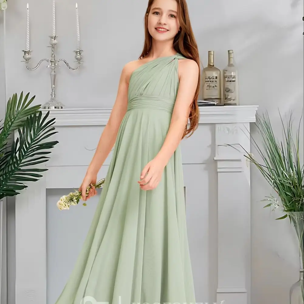 

FJK Kids One Shoulder Junior Bridesmaid Dress Jade Mist Flower Girl Gown Floor-Length Chiffon Cascading Layers Wedding Party