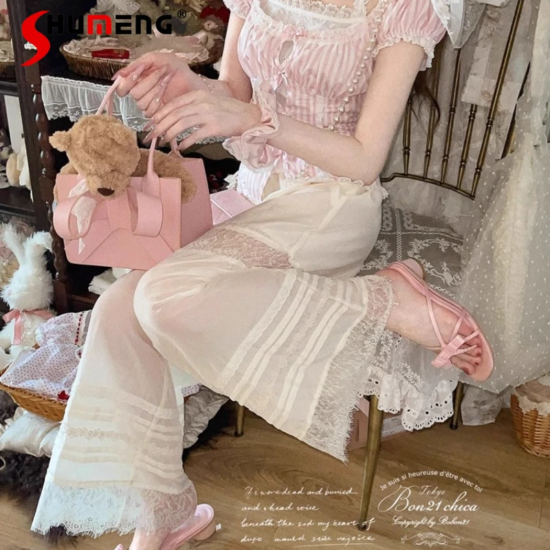

Summer 2025 New French Style Sweet Cute Loose Pants Culottes Women's Clothing Dating Daily Wear Vintage Long Pink Color Trousers