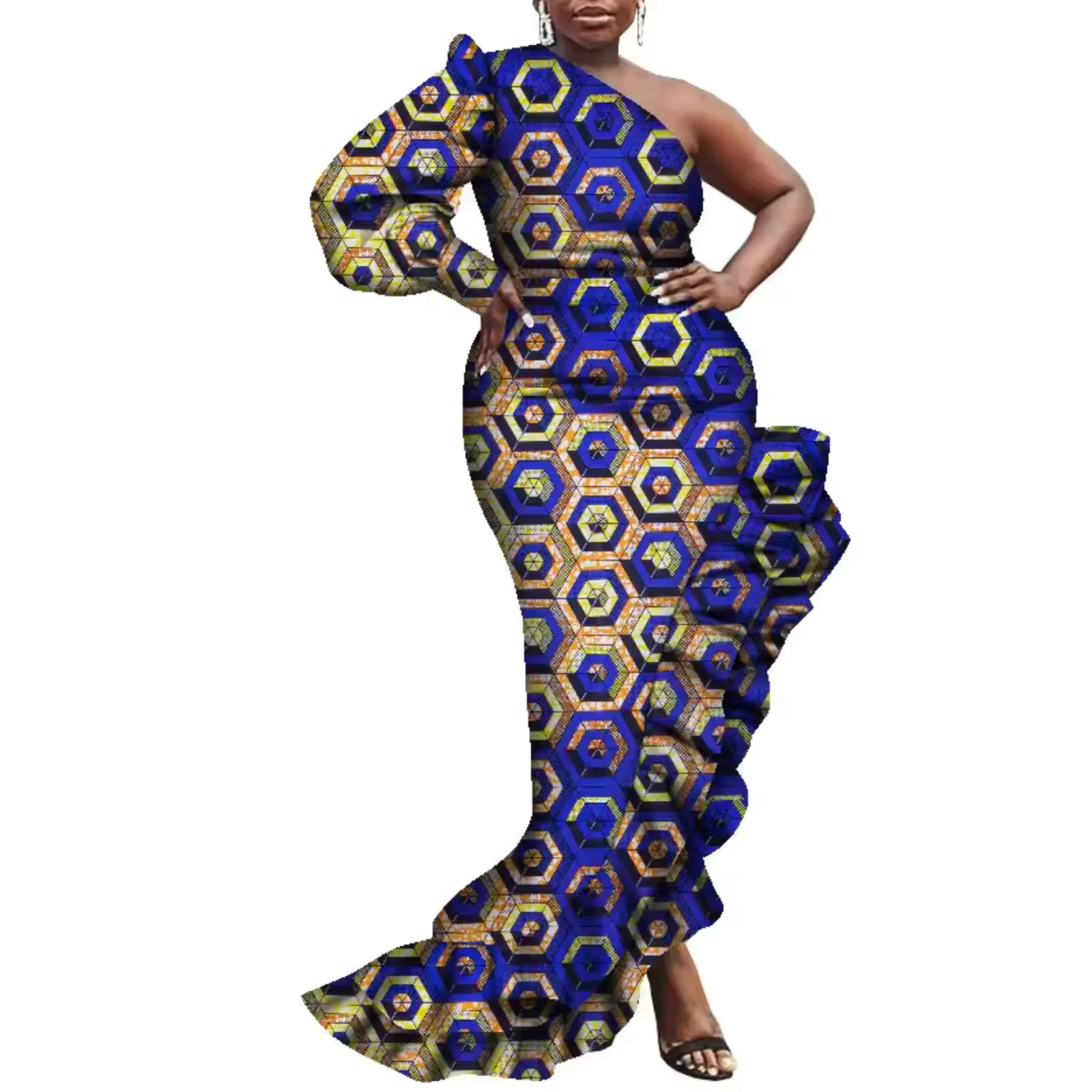 One Shoulder Plus Size Breathable Cotton Women African Dress Bazin Riche for Wedding Party Dashiki Ankara Floral Pattern Robe