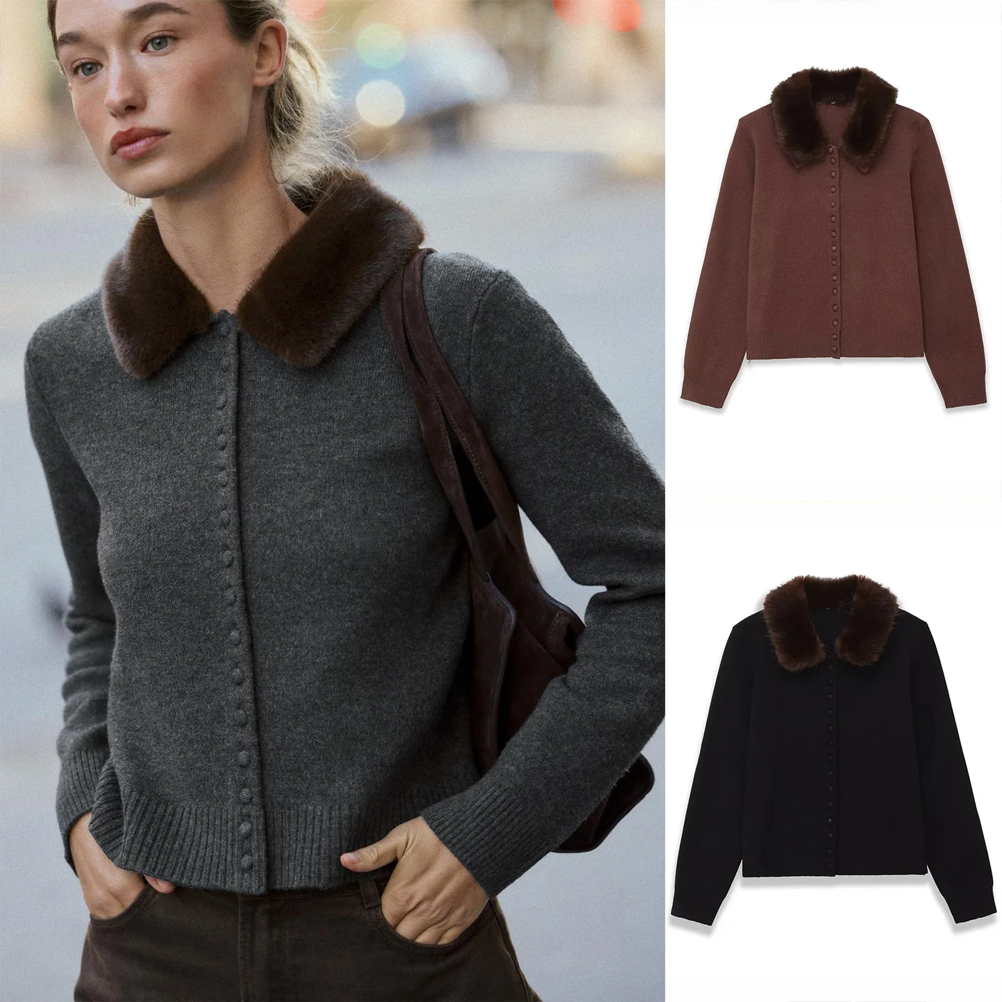 Lazin sle destacável gola de pele artificial malha jaet feminino faion inverno nova chegada commute sle fibra de poliéster