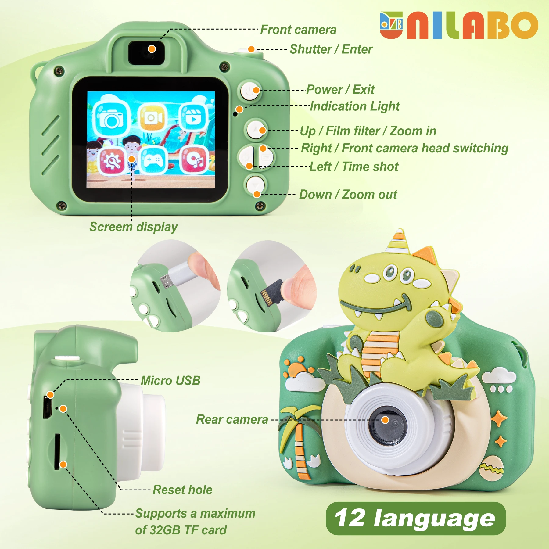 Upgrade kinderen selfie camera, HD kinderen video camcorder camera met cartoon zachte hoes, ideale festivalcadeaus met 32GB SD-kaart