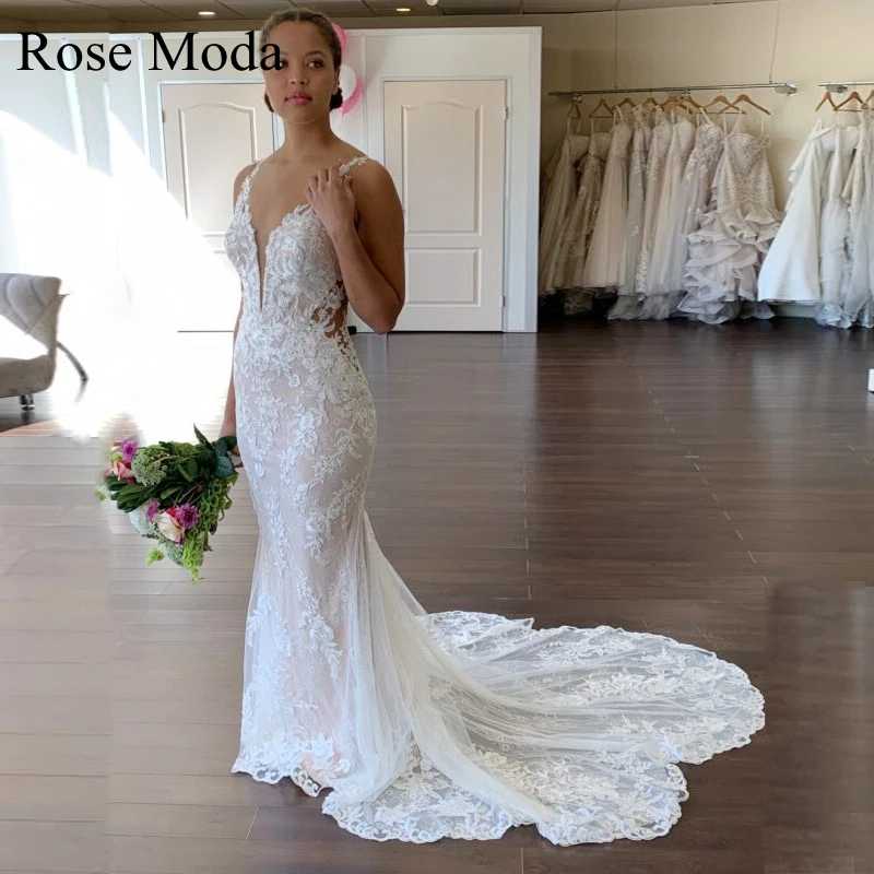 Rose Moda Deep V Neck Lace Mermaid Wedding Dresses Ivory and Blush Pastel Destination Bridal Gown Real Photos