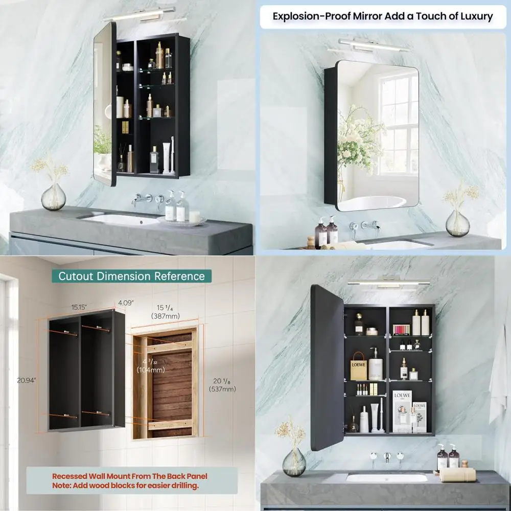 

16x24 Inch Black Mirrored Medicine Cabinet for Bathroom with Adjustable Shelves and Vanity Storage