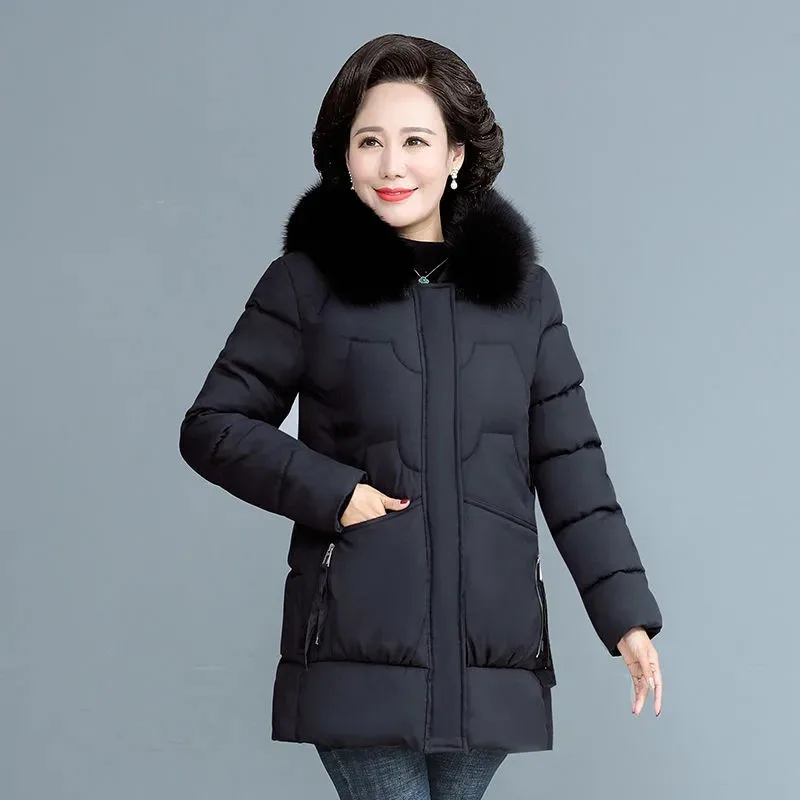 Medium Long New Fashion Middle-Aged Elderly Mother Women's Thick Add Velvet  Autumn Winter Keep Warm Coat Cotton-Padded Jacket