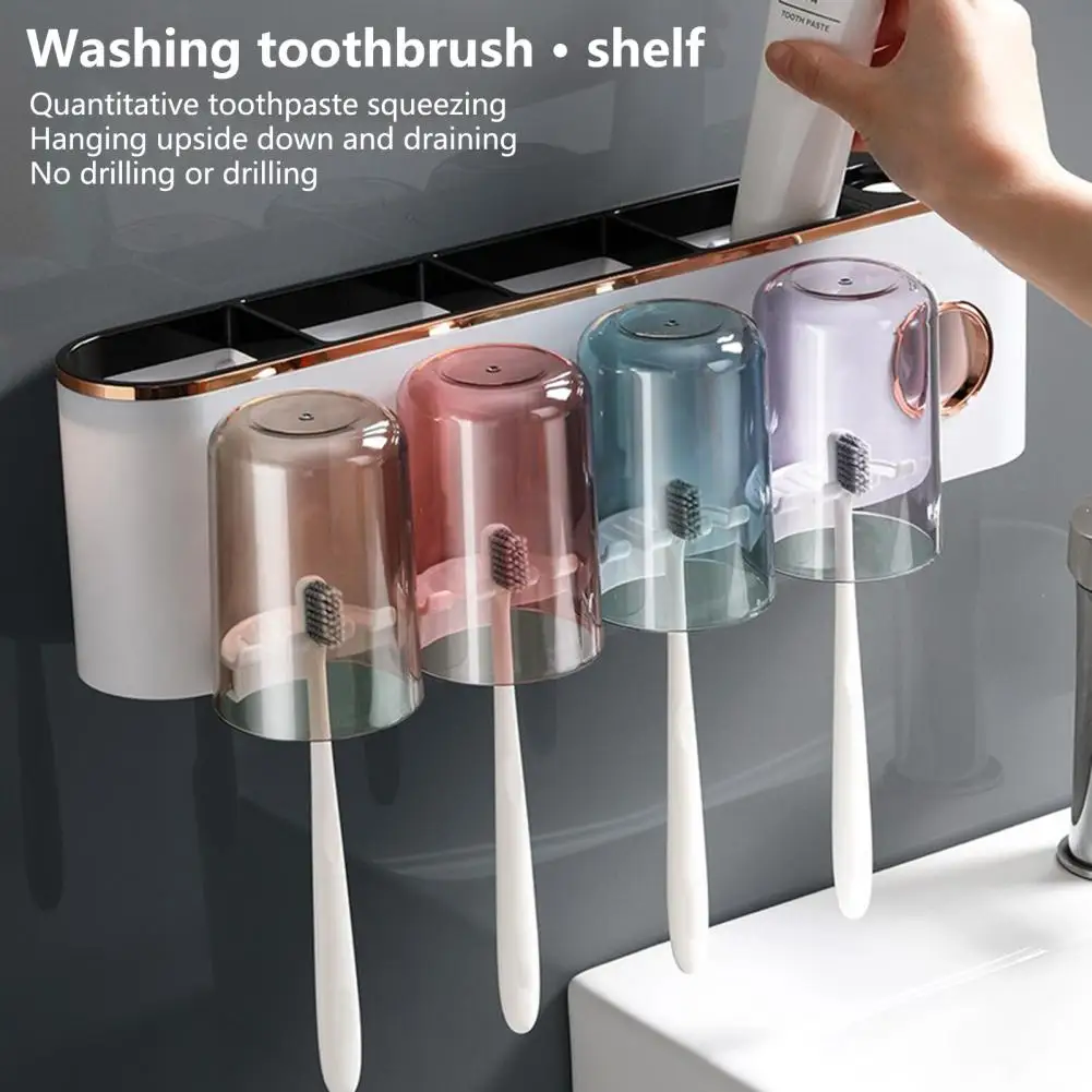 Toothbrush Rack Punch-free Dustproof Plastic Wall-mounted Toothbrush Holder with Mouthwash Cups Automatic Toothpaste Dispenser