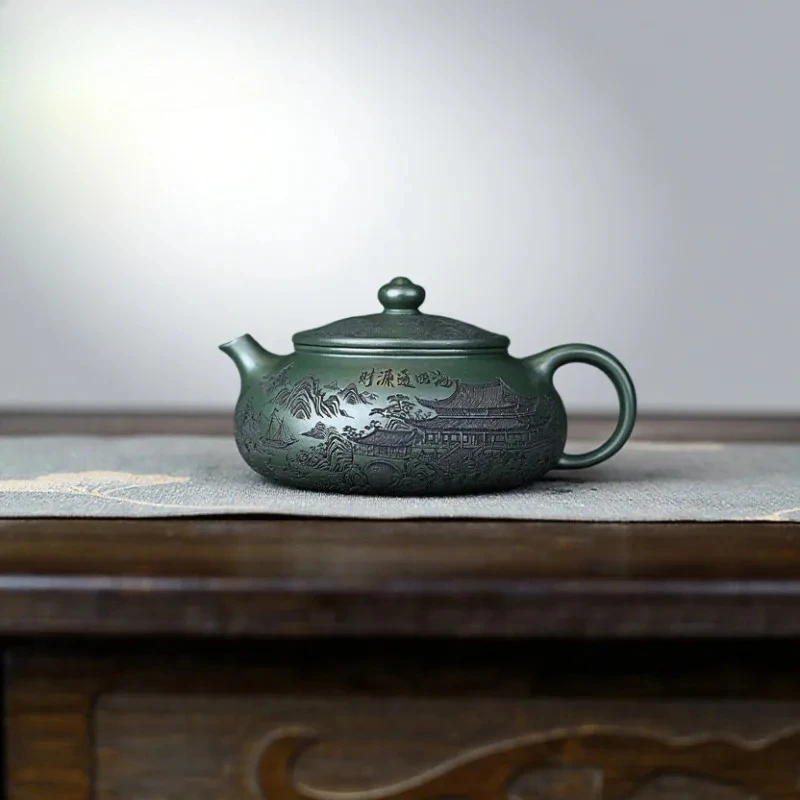 

230ml Yixing Purple Clay Teapots Handmade Han Jiang Pot Raw Ore Blackish Green Mud Tea Infuser Kettle With Strainer Zisha Teaset
