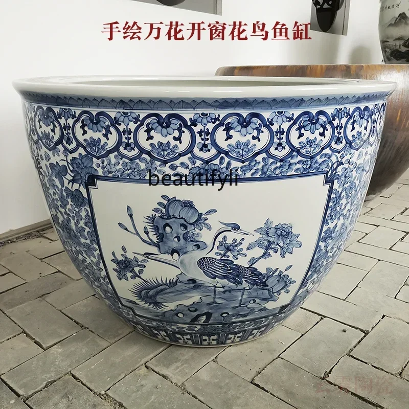 cqyJingdezhen Blue and White Porcelain Fish Tank Office Fish Basin Courtyard Lotus Water Lily Large Tank