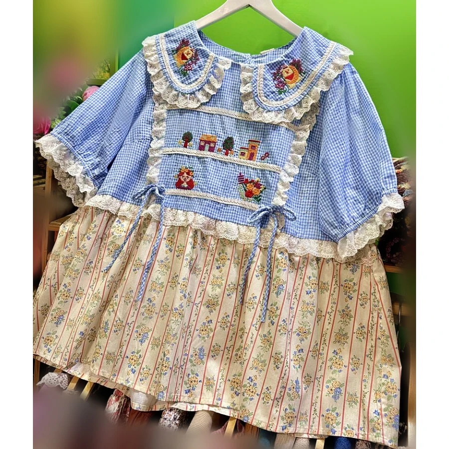 

Летняя винтажная хлопковая кружевная лоскутная рубашка в клетку Kawaii, милая рубашка в японском стиле Cottagecore Mori Girl Lolita, милая блузка в стиле рококо