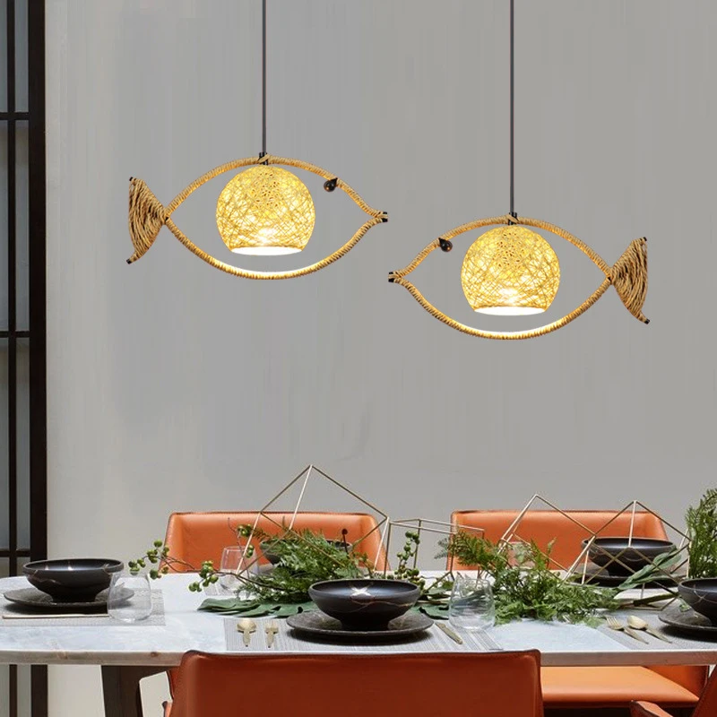 Chinese Fish Shaped Hemp Rope Chandelier Dining Room Kitchen Pendant Lamp Restaurant Hotel Home Deco Bar Lamps