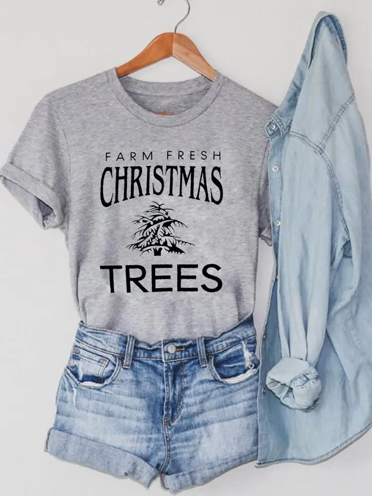 Happy New Year Graphic T-shirts Printing Merry Christmas Vintage Tree Cute 90s Style Fashion Women Clothing Short Sleeve Top Tee